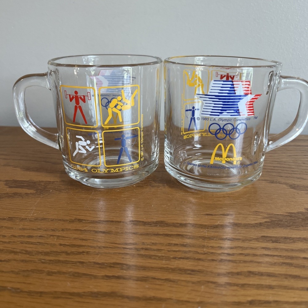 Vintage Los Angeles 1984 Olympics Games Glass Coffee Mugs McDonalds USA Lot Of 2